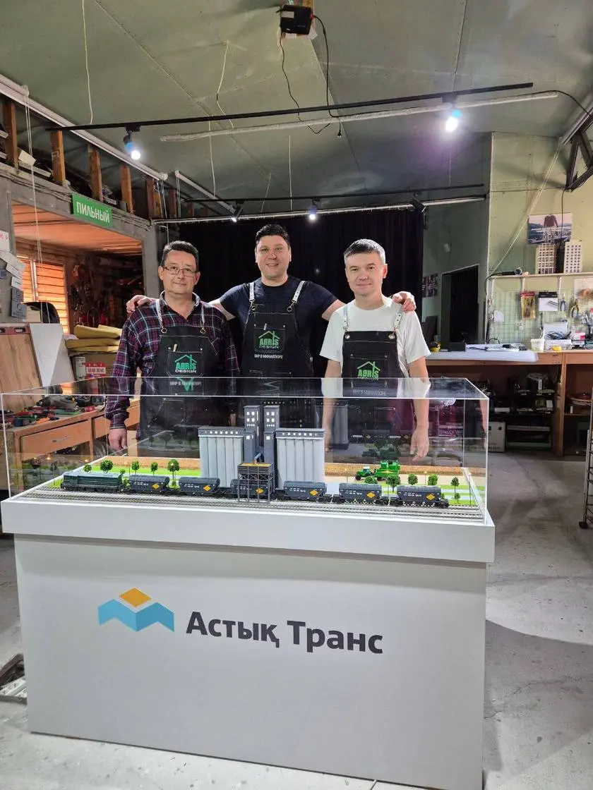 Abris model-makers in the Almaty workshop with the Astyk Trans grain-terminal commission